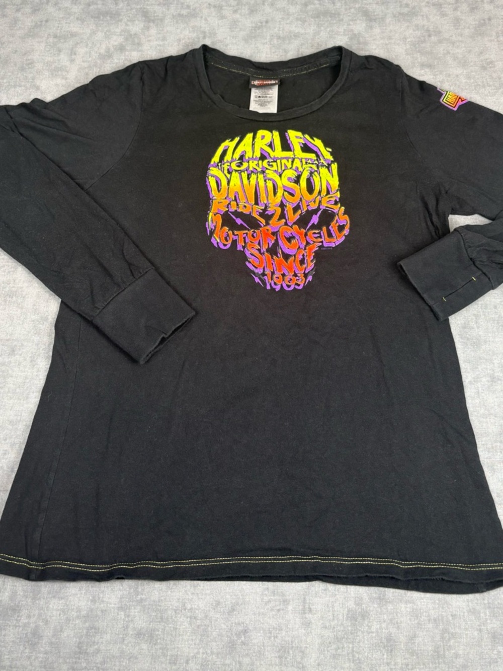 Harley Davidson Women L Long Sleeve Skull Graphic USA Double Sided Shirt